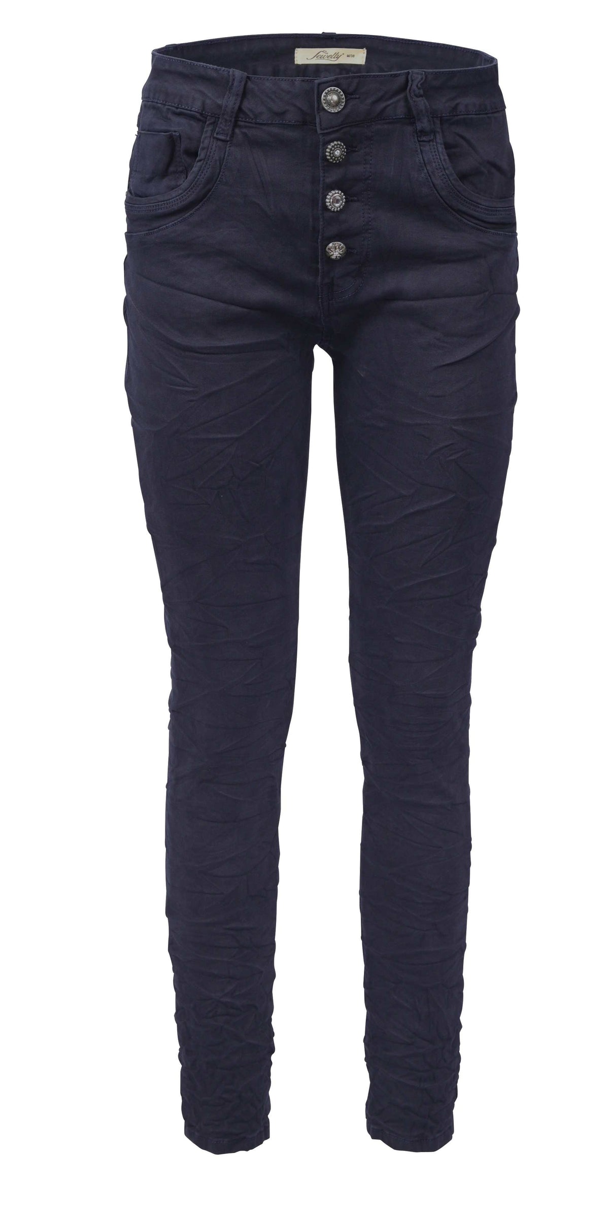 Jewelly Damen Stretch Jeans Five-Pocket im Crash-Look | Boyfriend Hose und sichtbarer Knopfleiste mit Schmuckknöpfen
