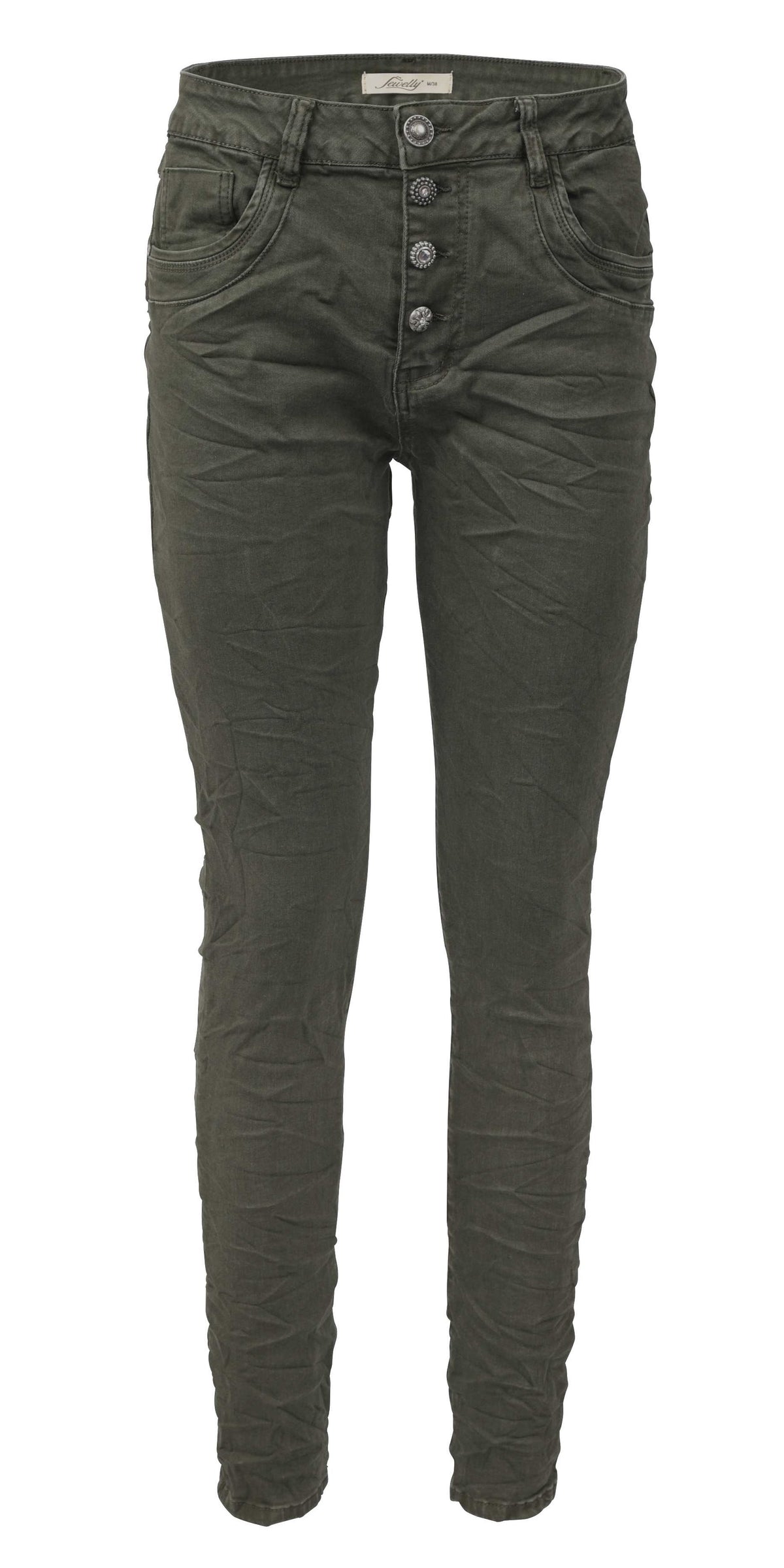 Jewelly Damen Stretch Jeans Five-Pocket im Crash-Look | Boyfriend Hose und sichtbarer Knopfleiste mit Schmuckknöpfen