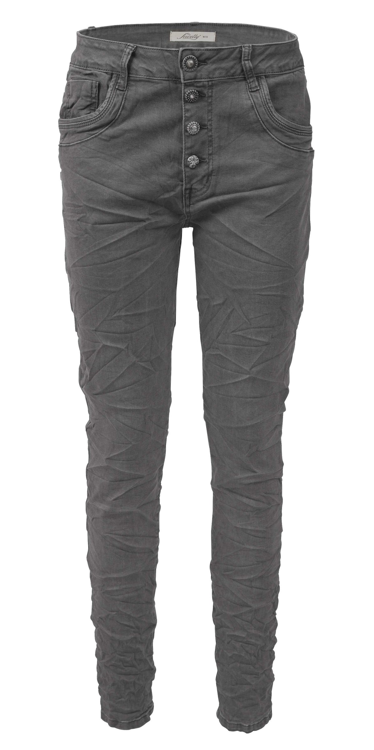 Jewelly Damen Stretch Jeans Five-Pocket im Crash-Look | Boyfriend Hose und sichtbarer Knopfleiste mit Schmuckknöpfen