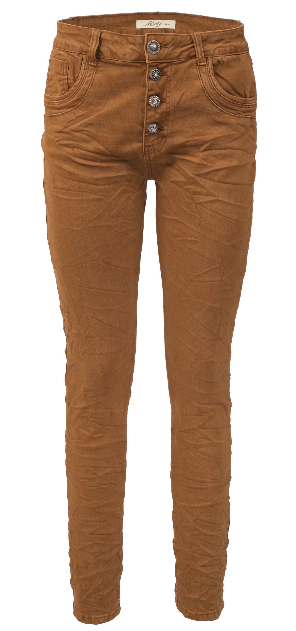 Jewelly Damen Stretch Jeans Five-Pocket im Crash-Look | Boyfriend Hose und sichtbarer Knopfleiste mit Schmuckknöpfen