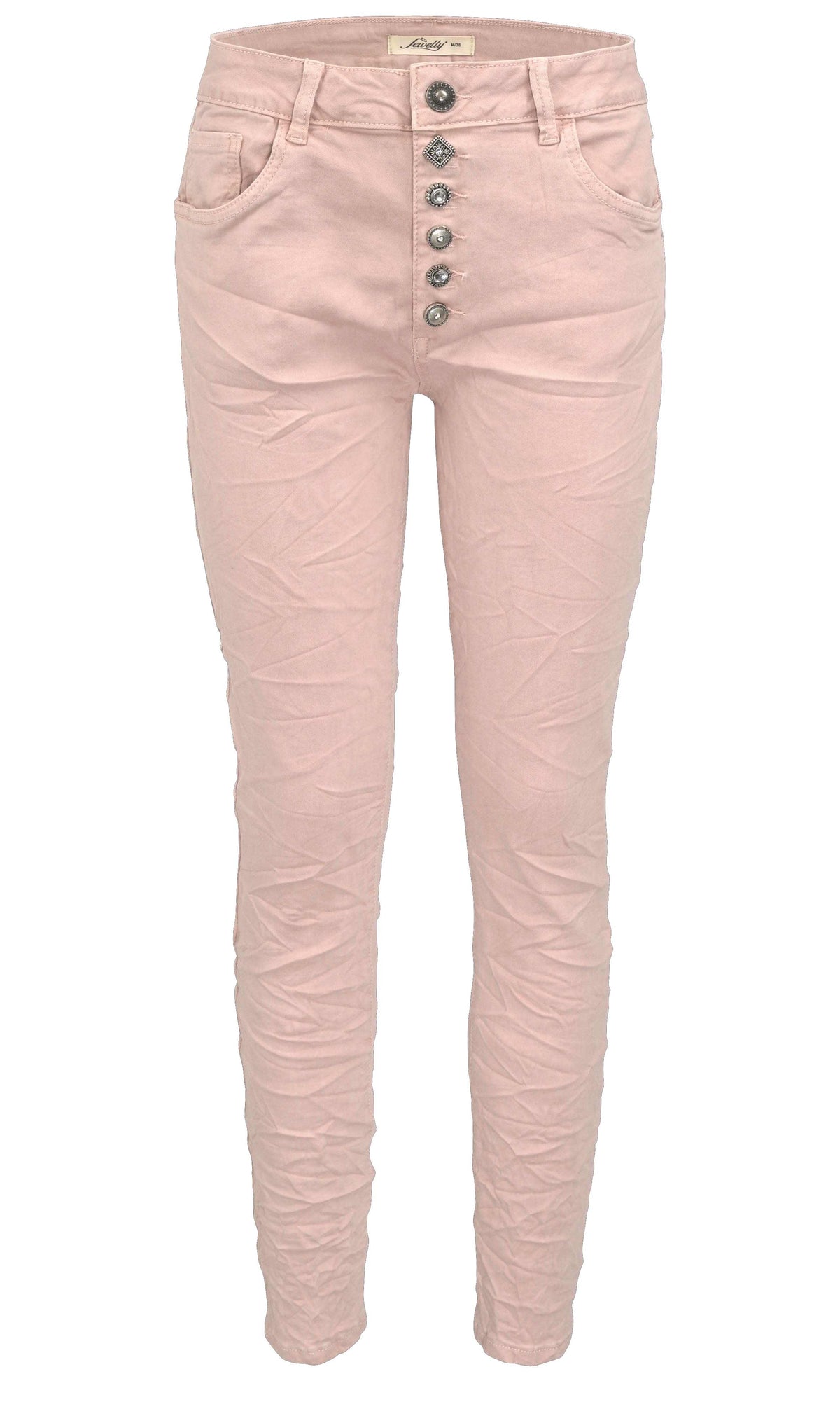 Jewelly Damen Stretch Jeans Five-Pocket im Crash-Look | Boyfriend Hose und sichtbarer Knopfleiste mit Schmuckknöpfen