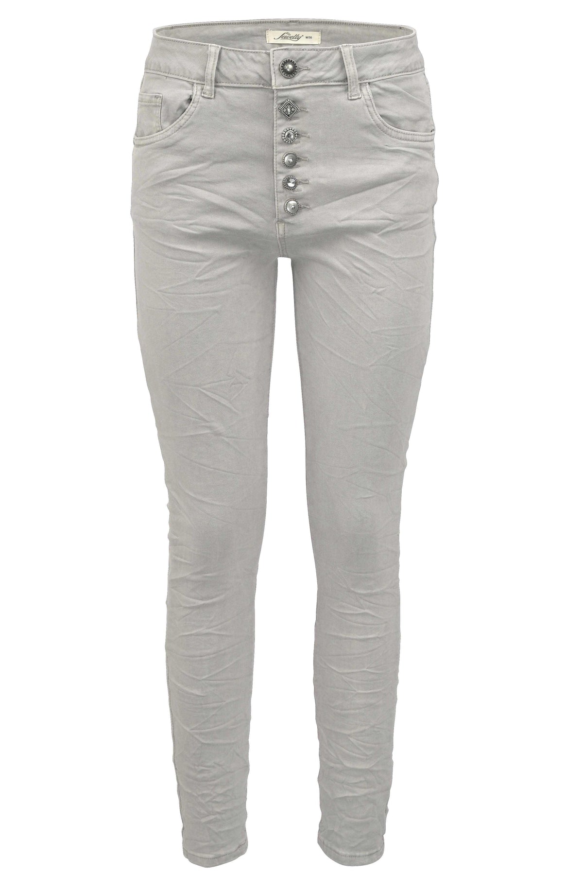 Jewelly Damen Stretch Jeans Five-Pocket im Crash-Look | Boyfriend Hose und sichtbarer Knopfleiste mit Schmuckknöpfen