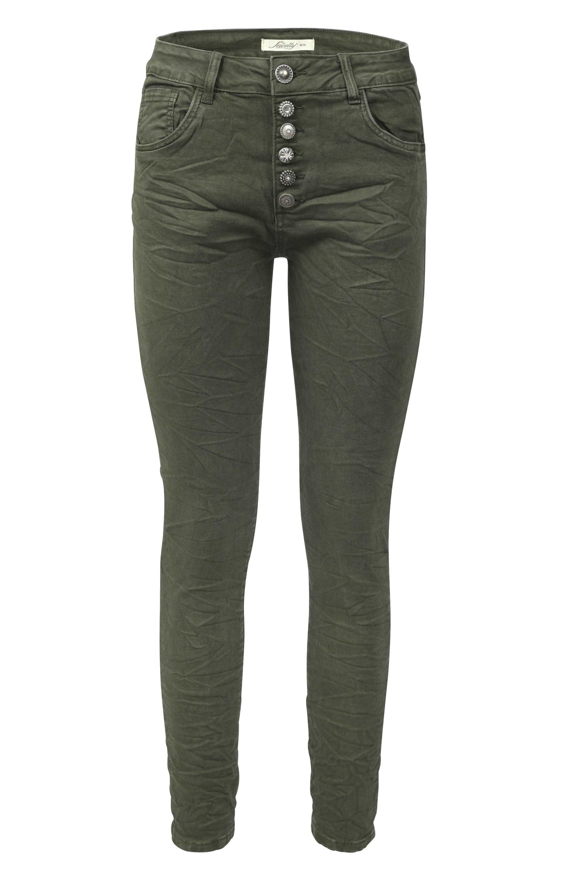 Jewelly Damen Stretch Jeans Five-Pocket im Crash-Look | Boyfriend Hose und sichtbarer Knopfleiste mit Schmuckknöpfen