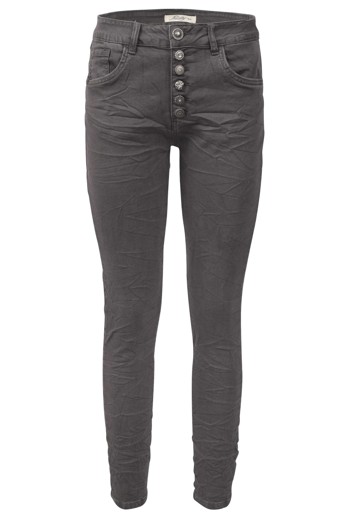 Jewelly Damen Stretch Jeans Five-Pocket im Crash-Look | Boyfriend Hose und sichtbarer Knopfleiste mit Schmuckknöpfen