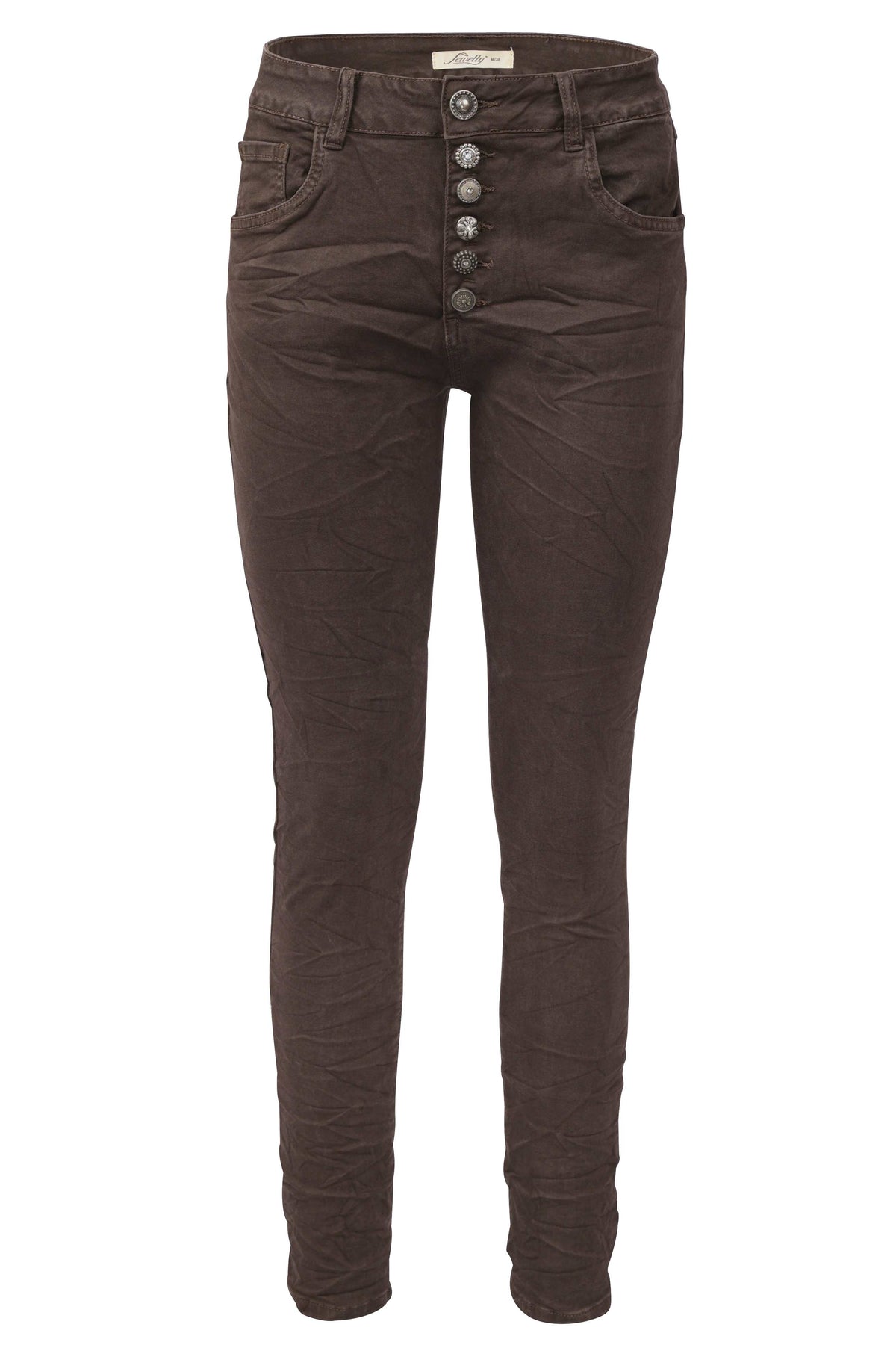 Jewelly Damen Stretch Jeans Five-Pocket im Crash-Look | Boyfriend Hose und sichtbarer Knopfleiste mit Schmuckknöpfen