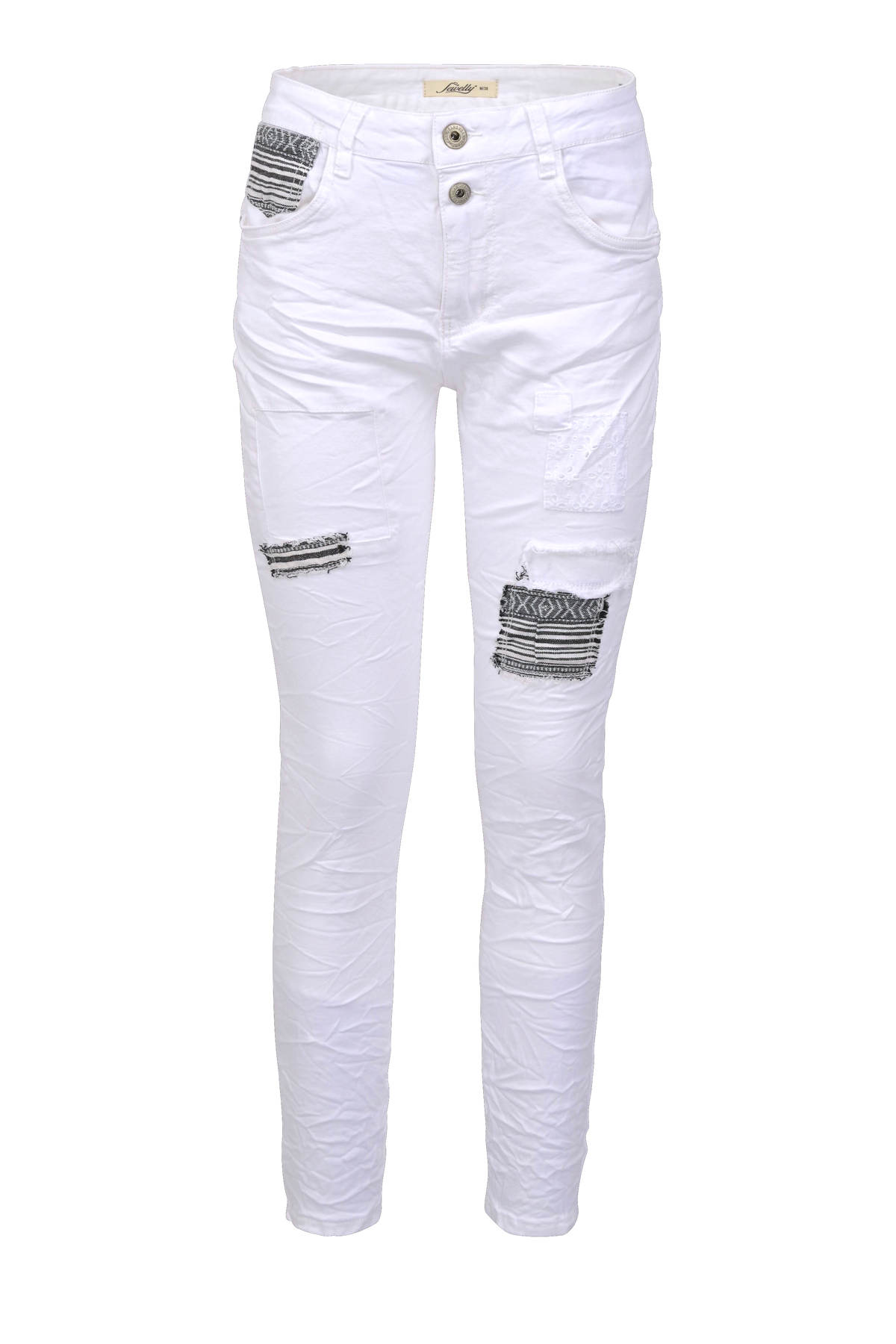 Jewelly Damen Stretch Boyfriend Jeans -  Patches Aufnäher - Five-Pocket im Crash-Look