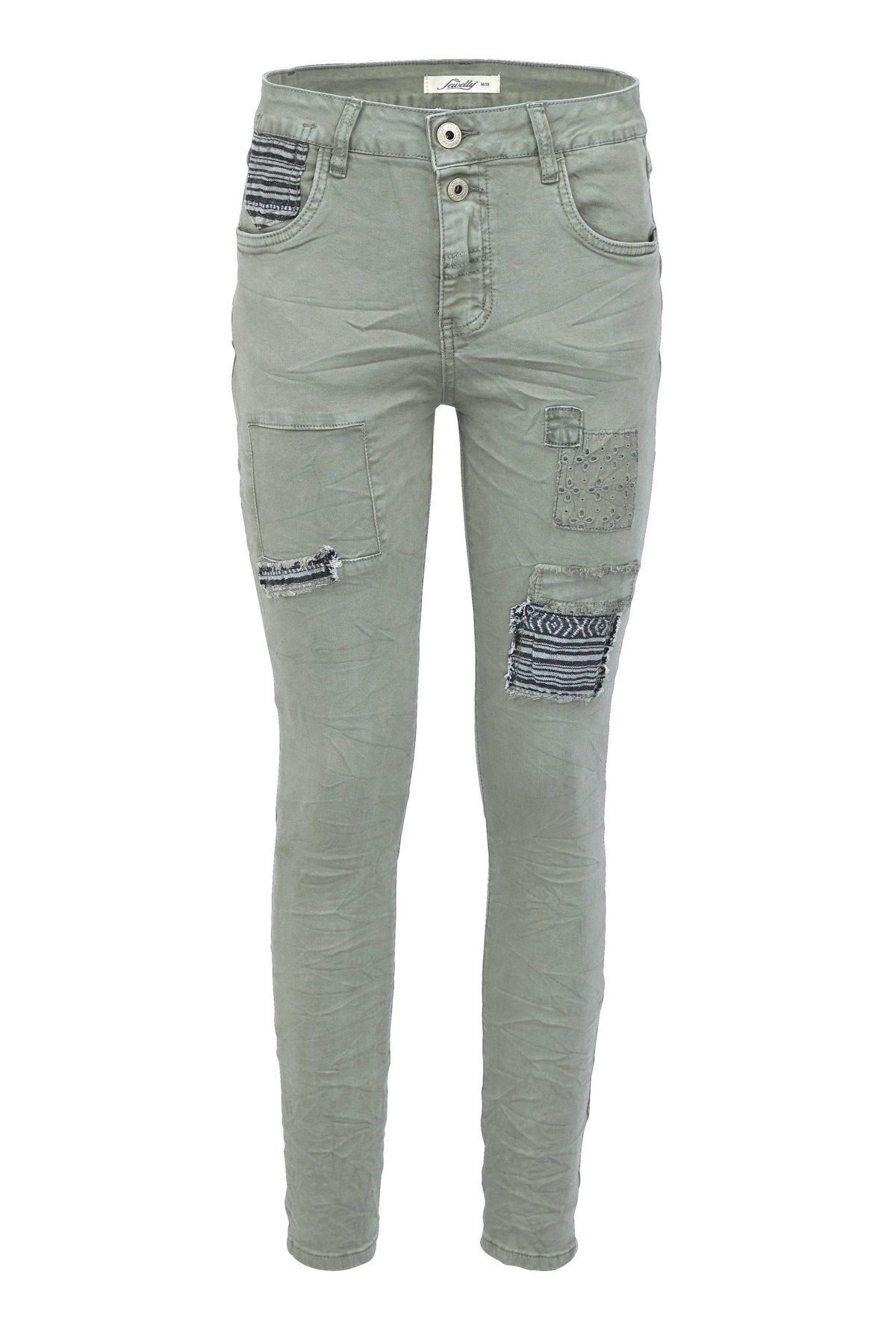 Jewelly Damen Stretch Boyfriend Jeans -  Patches Aufnäher - Five-Pocket im Crash-Look