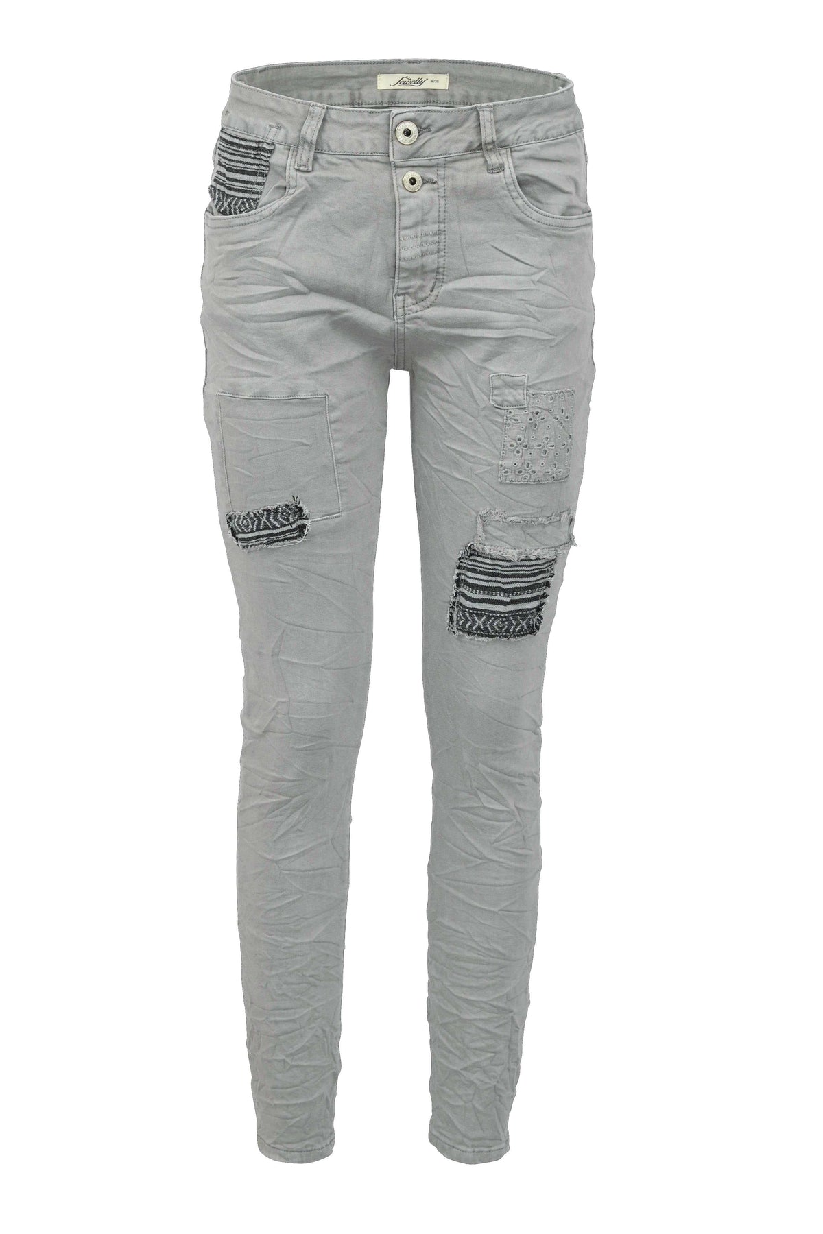 Jewelly Damen Stretch Boyfriend Jeans -  Patches Aufnäher - Five-Pocket im Crash-Look