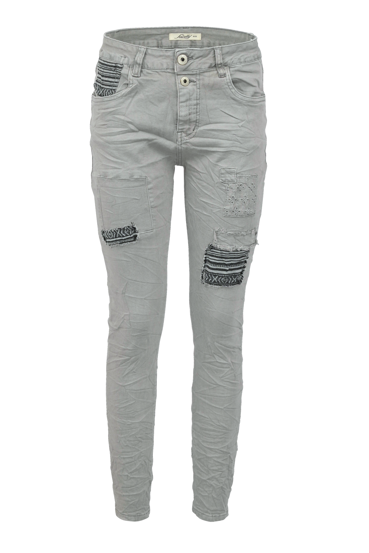 Jewelly Damen Stretch Boyfriend Jeans -  Patches Aufnäher - Five-Pocket im Crash-Look