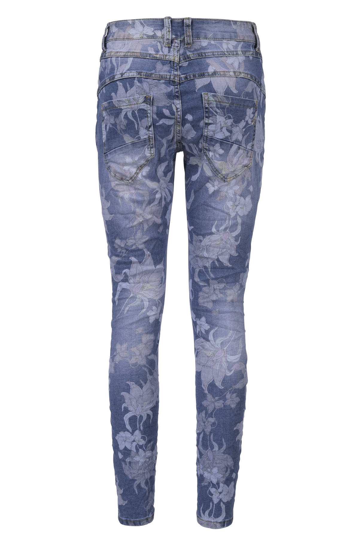 Jewelly Damen Stretch Boyfriend Jeans mit Blumen Print - Five-Pocket im Crash-Look
