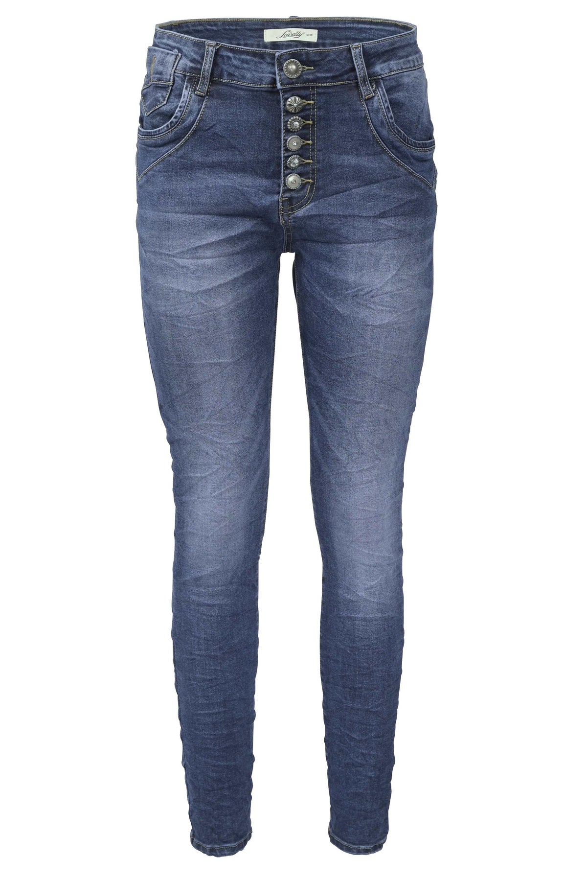 Jewelly Damen Stretch Jeans Five-Pocket im Crash-Look | Boyfriend Hose und sichtbarer Knopfleiste mit Schmuckknöpfen