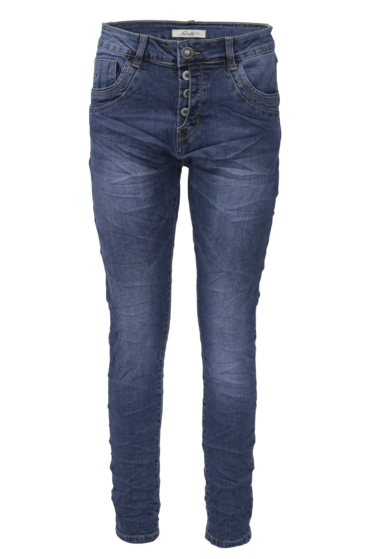 Jewelly Damen Stretch Jeans Five-Pocket im Crash-Look | Boyfriend Hose mit sichtbarer Knopfleiste