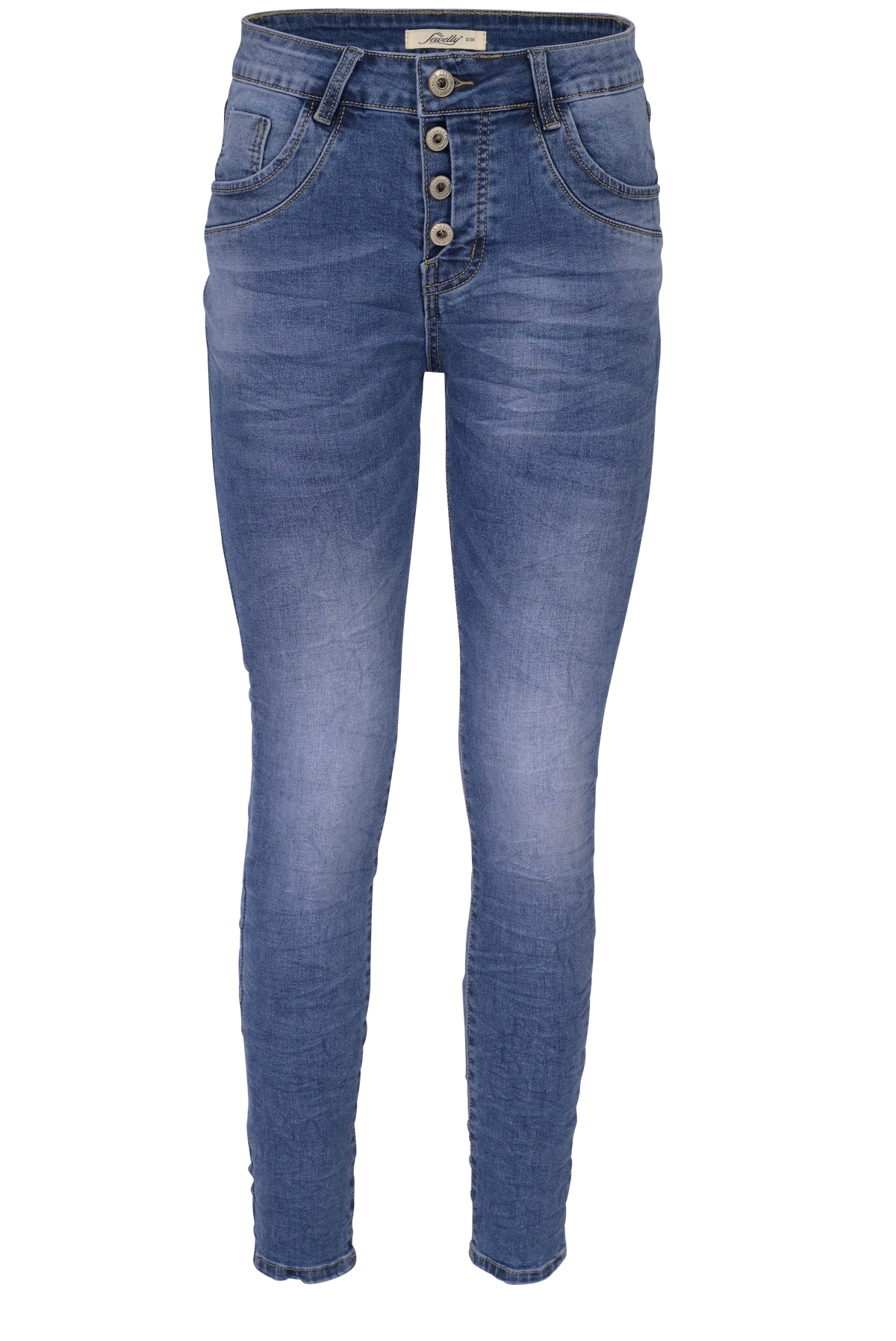 Jewelly Damen Stretch Jeans Five-Pocket im Crash-Look | Boyfriend Hose mit sichtbarer Knopfleiste