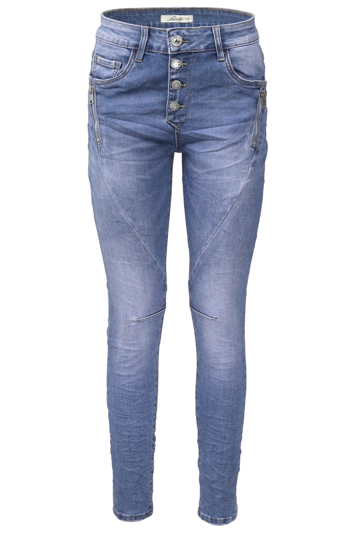 Jewelly Damen Stretch Jeans Five-Pocket im Crash-Look | Boyfriend Hose und sichtbarer Knopfleiste mit Strassknöpfen