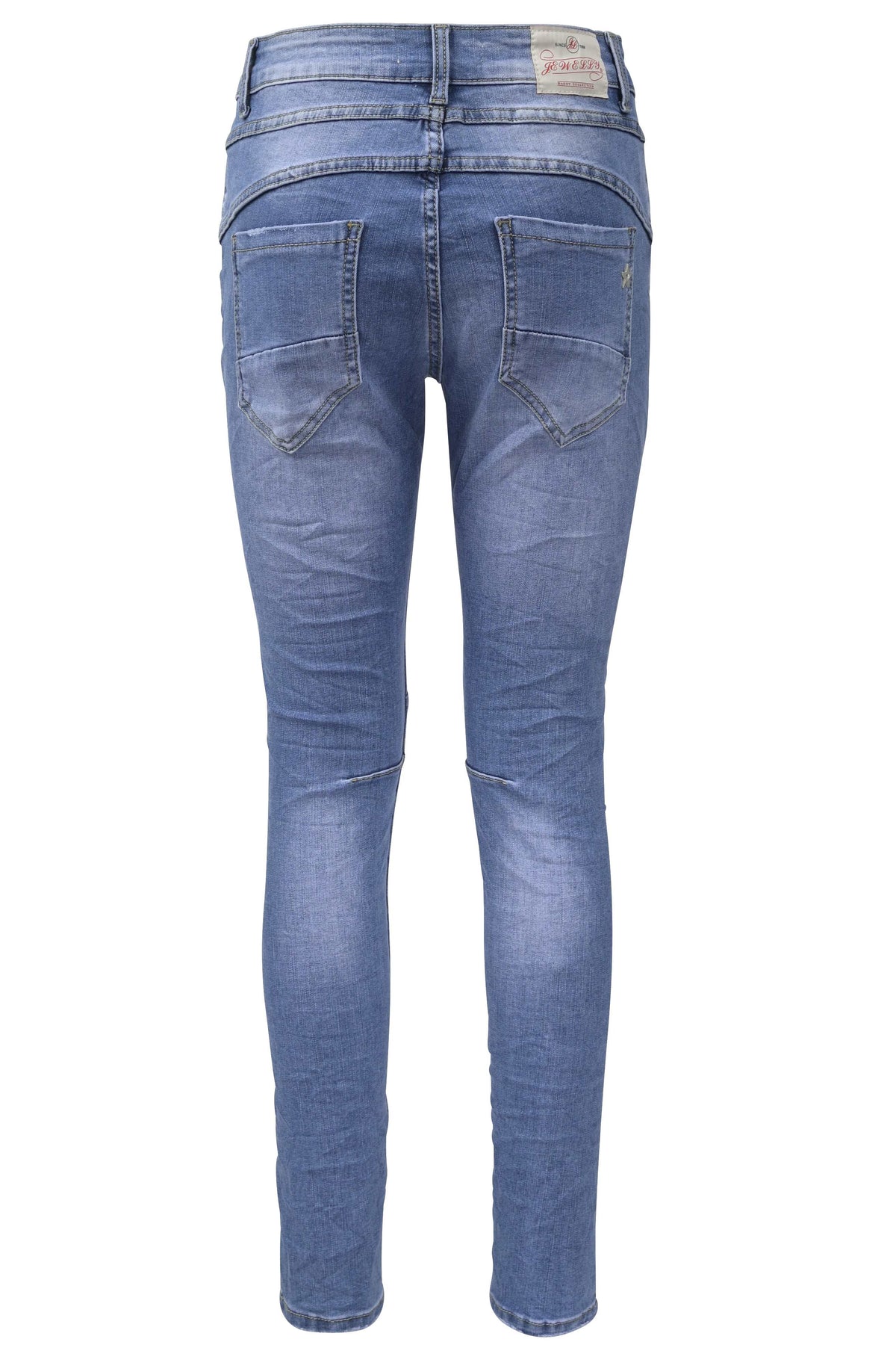 Jewelly Damen Stretch Jeans Five-Pocket im Crash-Look | Boyfriend Hose und sichtbarer Knopfleiste mit Strassknöpfen