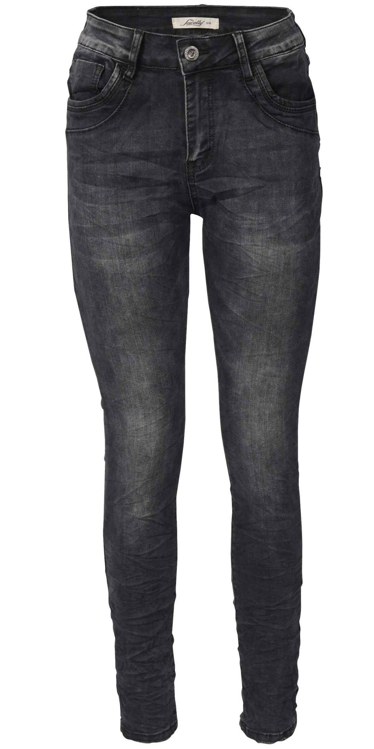 Jewelly Damen Jeans  | Schwarze Stretch Jeans Five-Pocket im Crash-Look | Boyfriend -Cut - im Crash-Look mit Reißverschluss