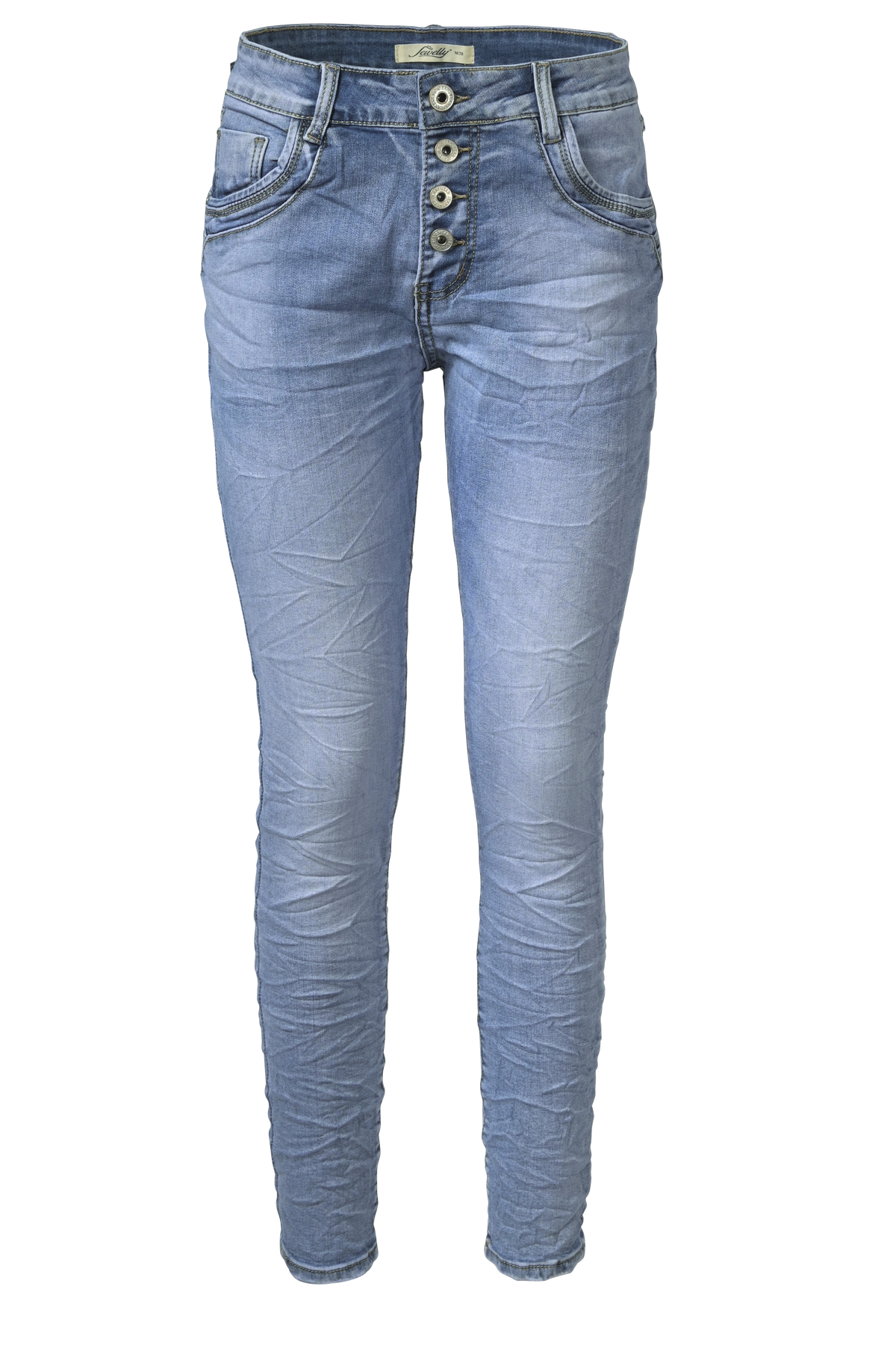 Jewelly Damen Stretch Jeans Five-Pocket im Crash-Look | Boyfriend Hose mit sichtbarer Knopfleiste