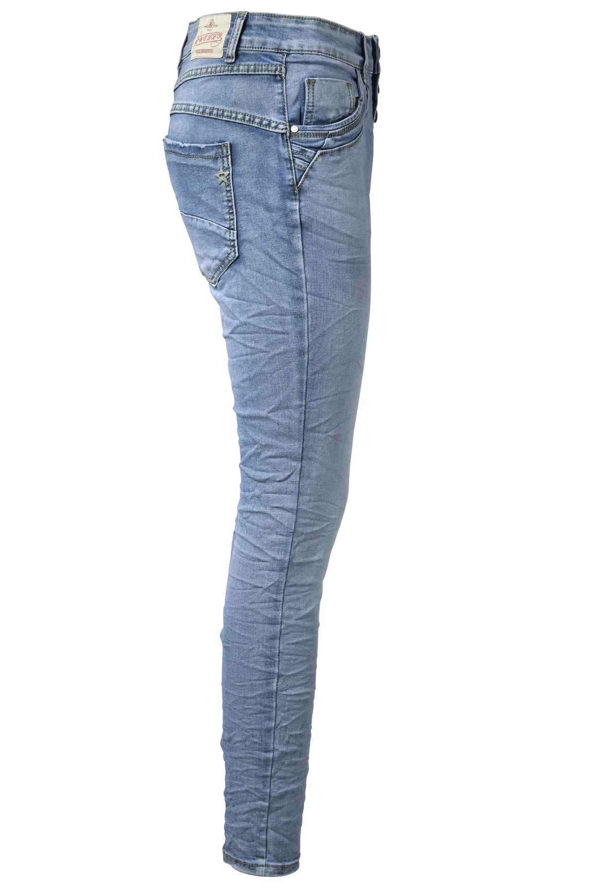 Jewelly Damen Stretch Jeans Five-Pocket im Crash-Look | Boyfriend Hose mit sichtbarer Knopfleiste
