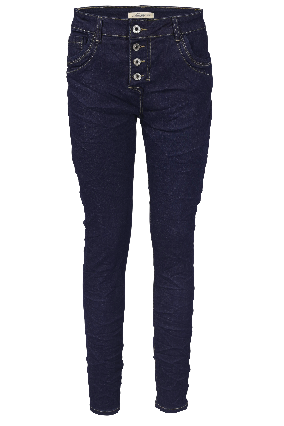 Jewelly Damen Stretch Jeans Five-Pocket im Crash-Look | Boyfriend Hose mit sichtbarer Knopfleiste