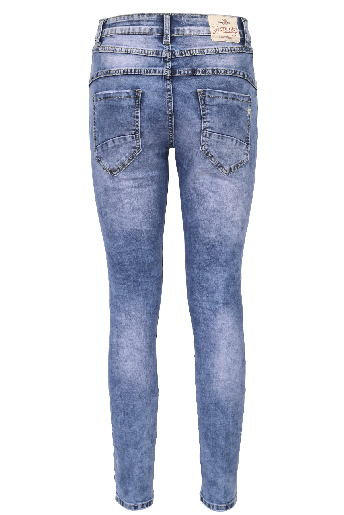 Jewelly Damen Stretch Jeans Five-Pocket im Crash-Look | Boyfriend Hose mit sichtbarer Knopfleiste