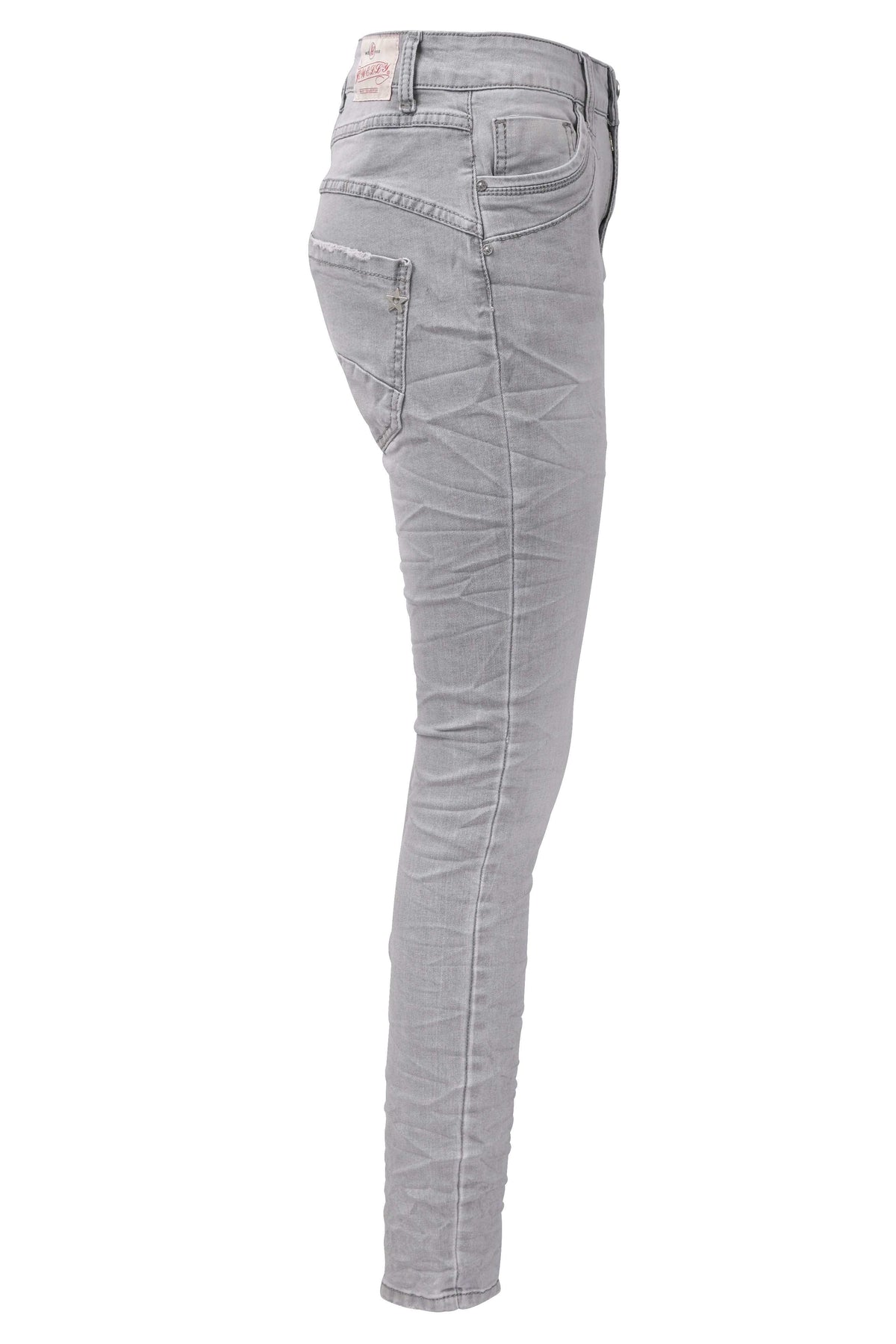 Jewelly Damen Jeans | Five-Pocket-Jeans | Boyfriend -Cut - im Crash-Look mit Reißverschluss und Strassknopf | Angenehme Stretch - Qualität | Farbe Grau