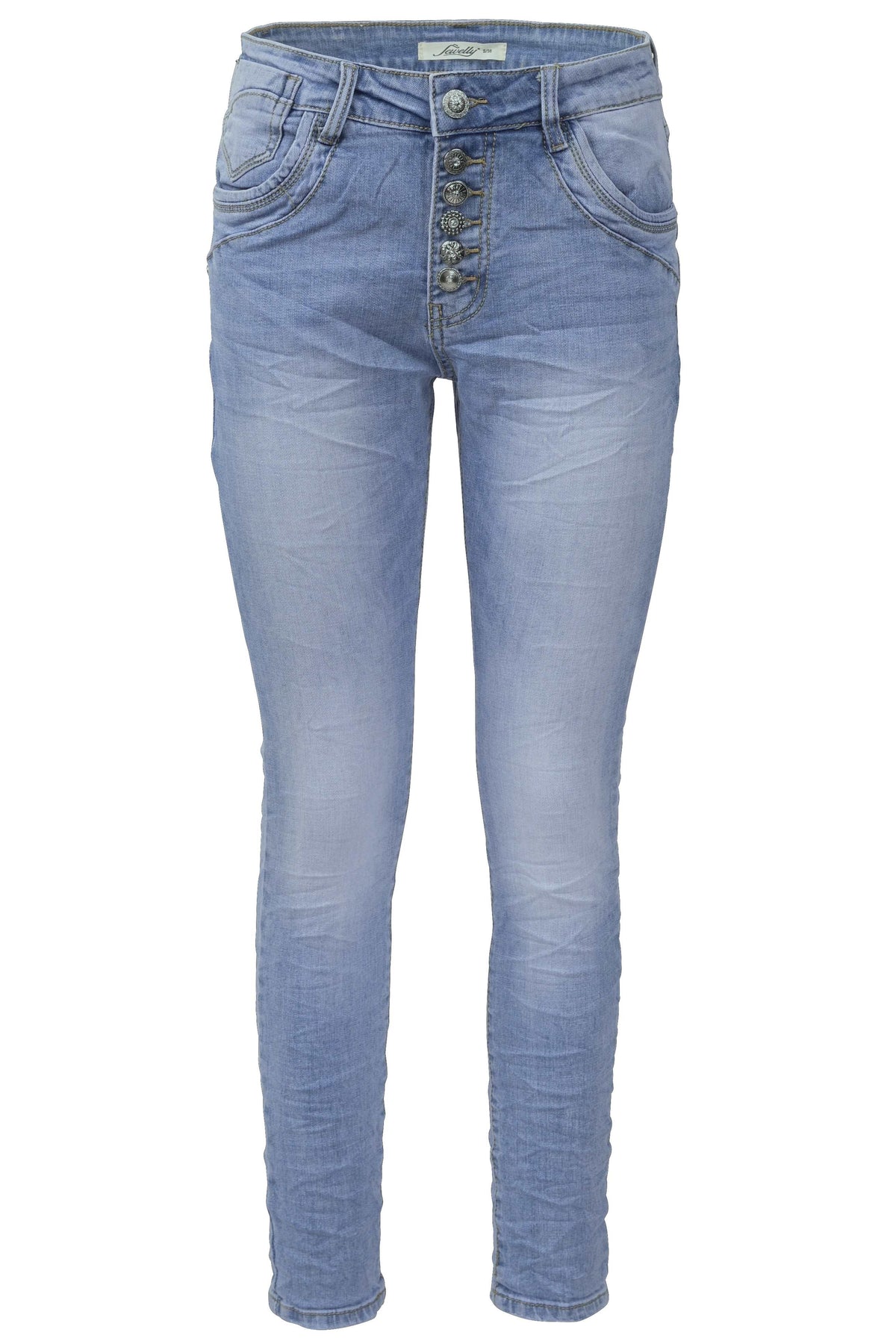 Jewelly Damen Stretch Jeans Five-Pocket im Crash-Look | Boyfriend Hose und sichtbarer Knopfleiste mit Strassknöpfen