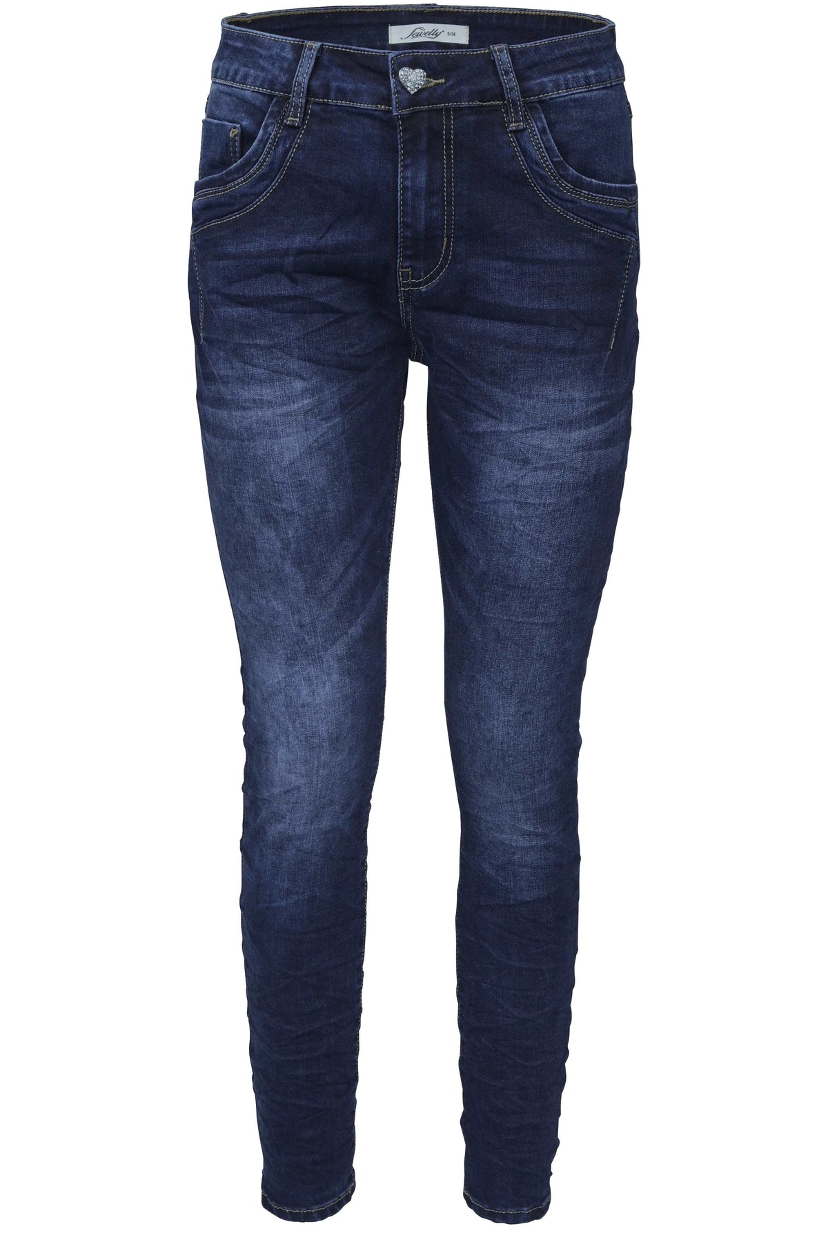 Jewelly Damen Jeans  | Stretch Jeans Five-Pocket im Crash-Look |Boyfriend -Cut - im Crash-Look mit Reißverschluss und  Schmuckknopf