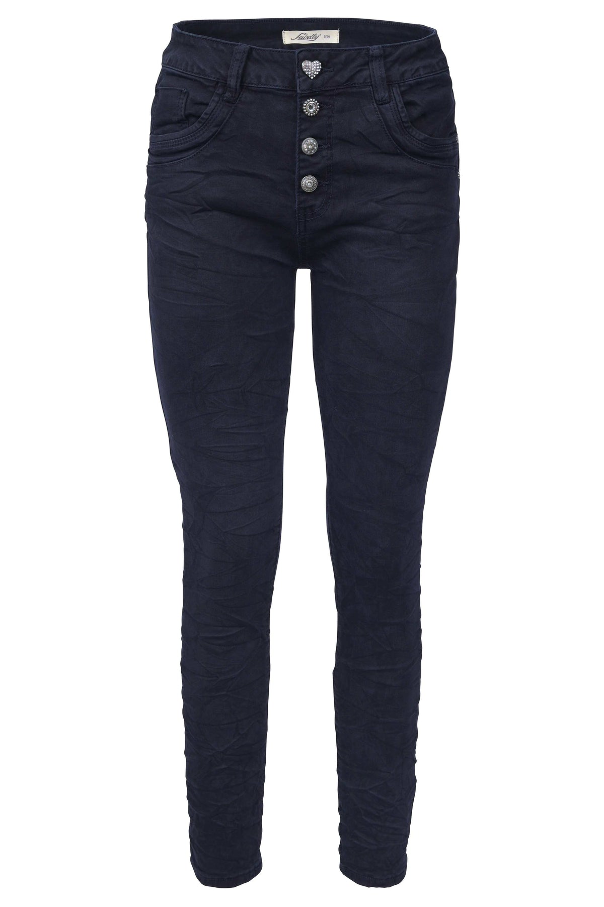Jewelly Damen Stretch Jeans Five-Pocket im Crash-Look | Boyfriend Hose und sichtbarer Knopfleiste mit Schmuckknöpfen