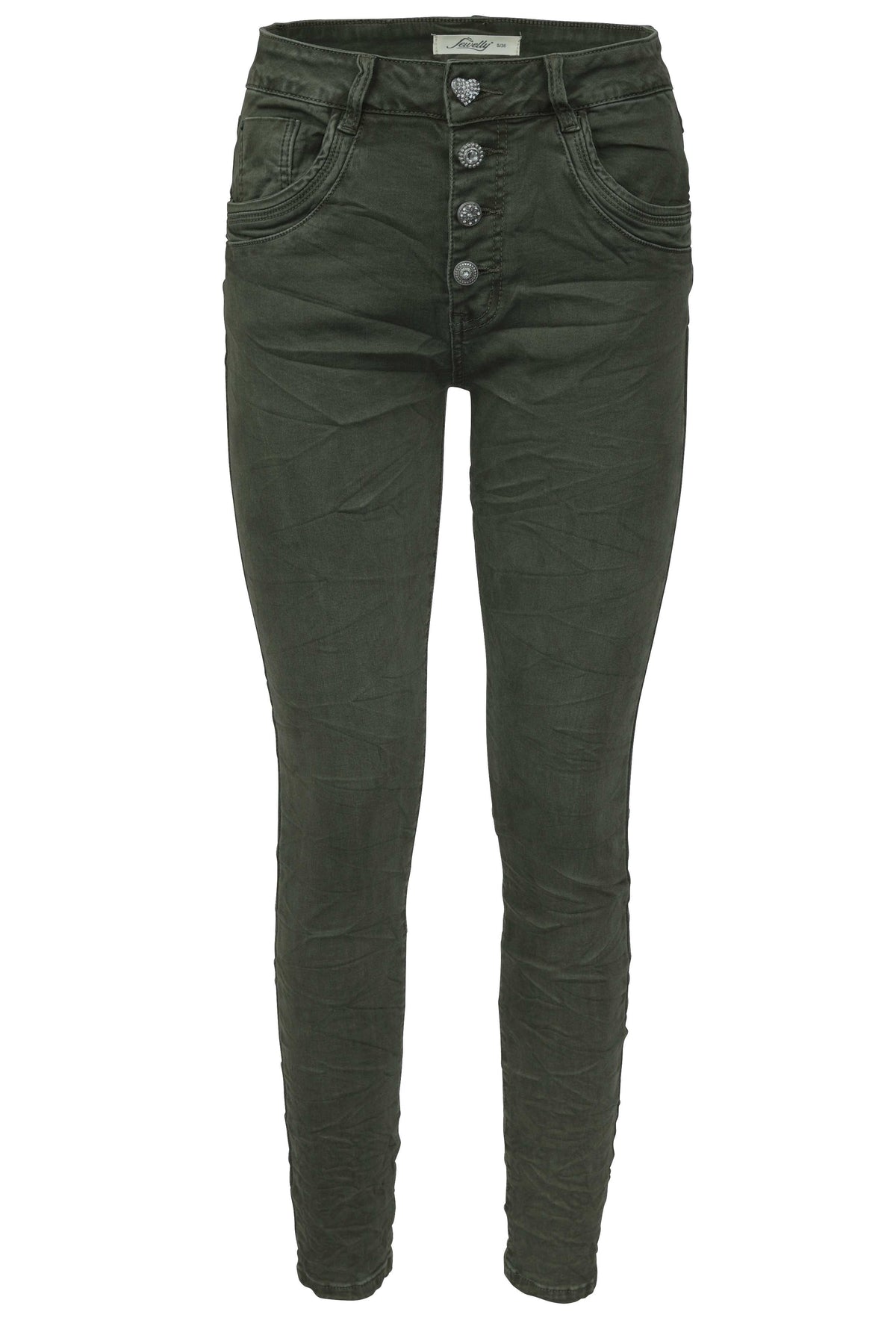 Jewelly Damen Stretch Jeans Five-Pocket im Crash-Look | Boyfriend Hose und sichtbarer Knopfleiste mit Schmuckknöpfen