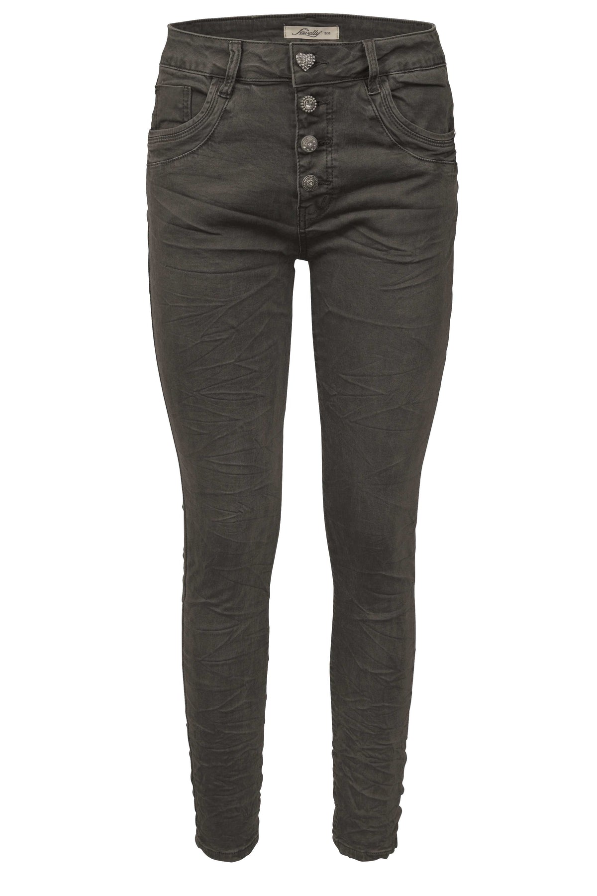 Jewelly Damen Stretch Jeans Five-Pocket im Crash-Look | Boyfriend Hose und sichtbarer Knopfleiste mit Schmuckknöpfen