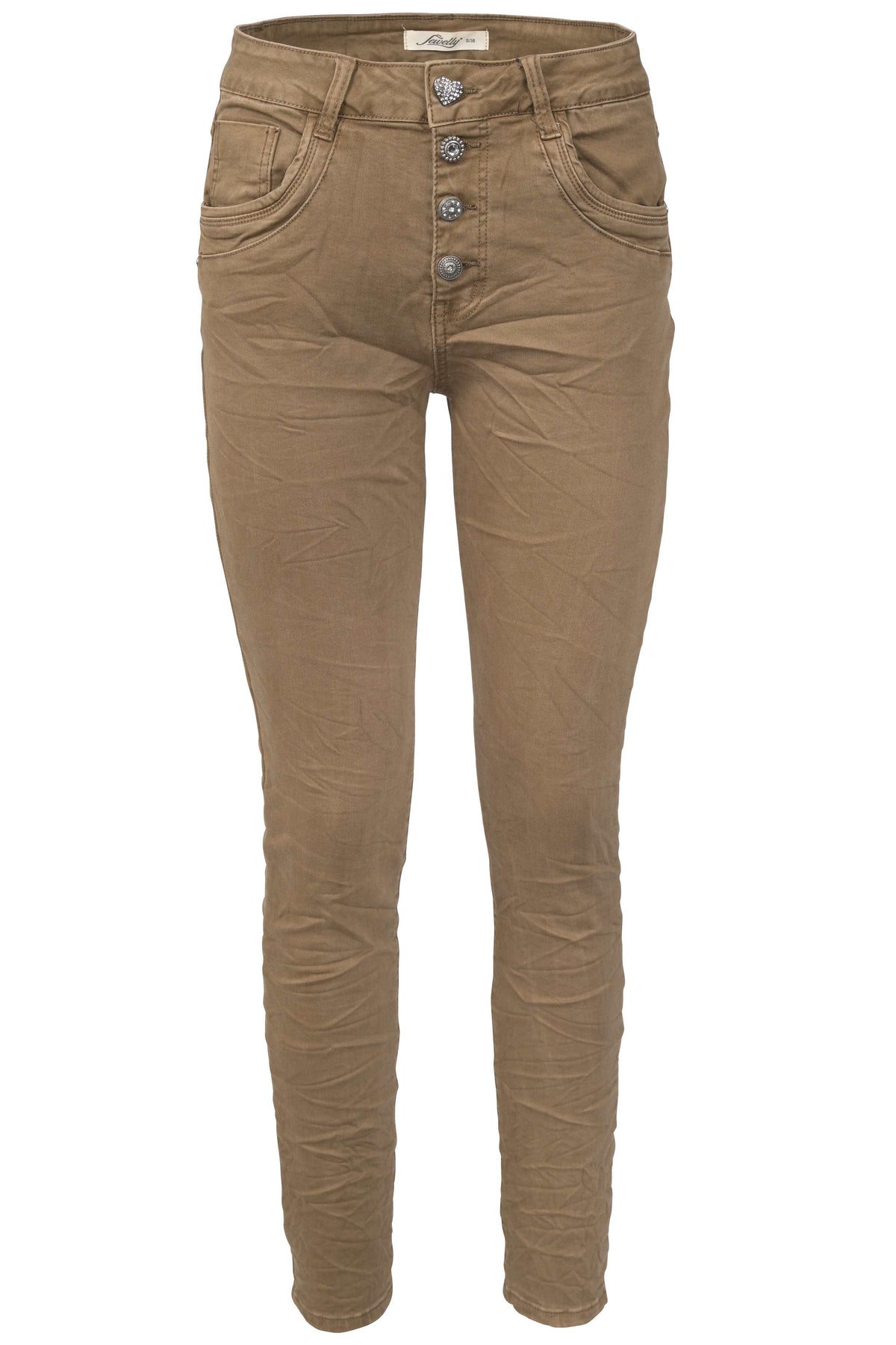 Jewelly Damen Stretch Jeans Five-Pocket im Crash-Look | Boyfriend Hose und sichtbarer Knopfleiste mit Schmuckknöpfen