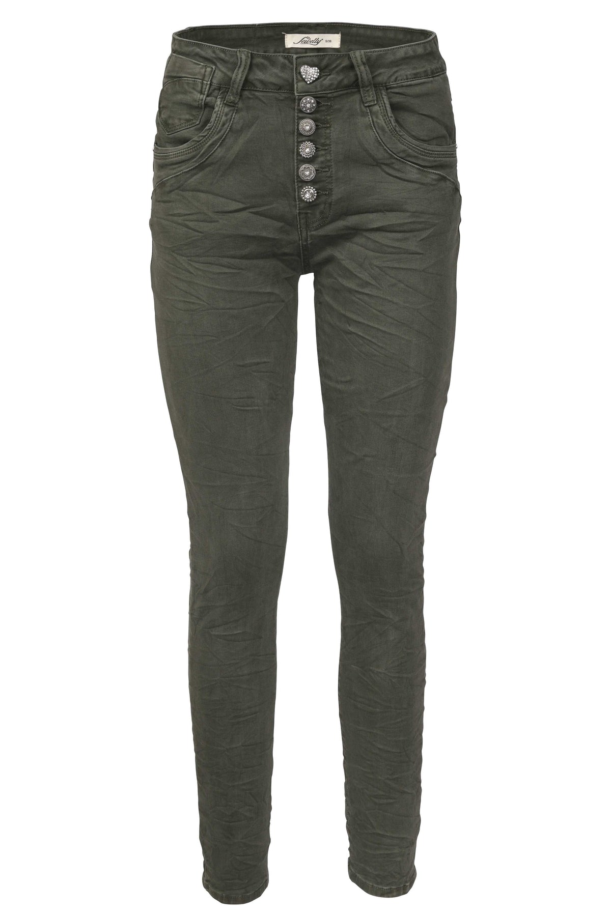 Jewelly Damen Stretch Jeans Five-Pocket im Crash-Look | Boyfriend Hose und sichtbarer Knopfleiste mit Schmuckknöpfen