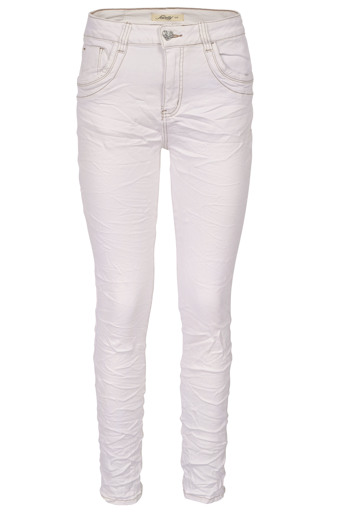 Jewelly Damen Jeans  | Stretch Jeans Five-Pocket im Crash-Look | Boyfriend -Cut - im Crash-Look mit Reißverschluss Weiß