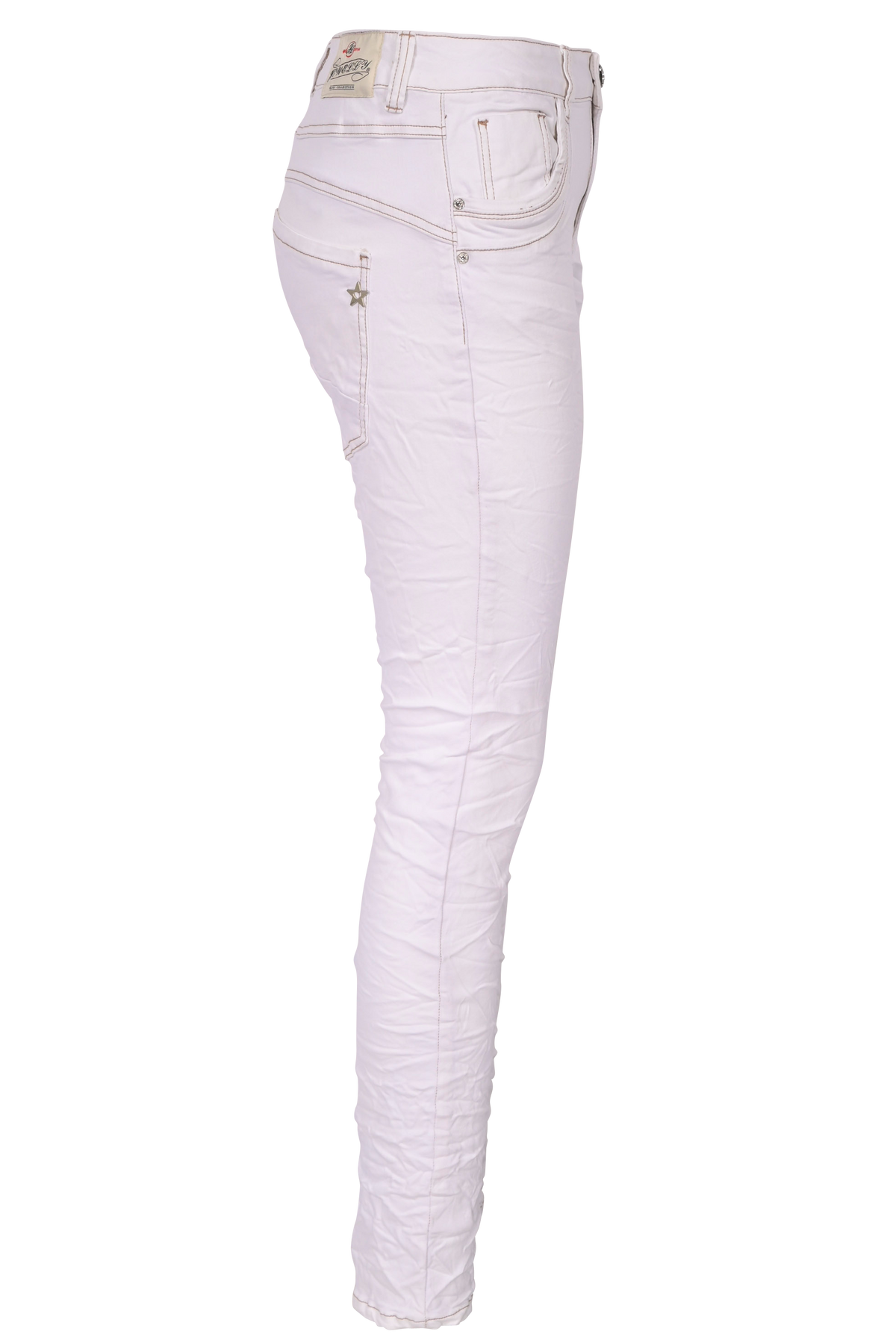 Jewelly Damen Jeans  | Stretch Jeans Five-Pocket im Crash-Look | Boyfriend -Cut - im Crash-Look mit Reißverschluss Weiß
