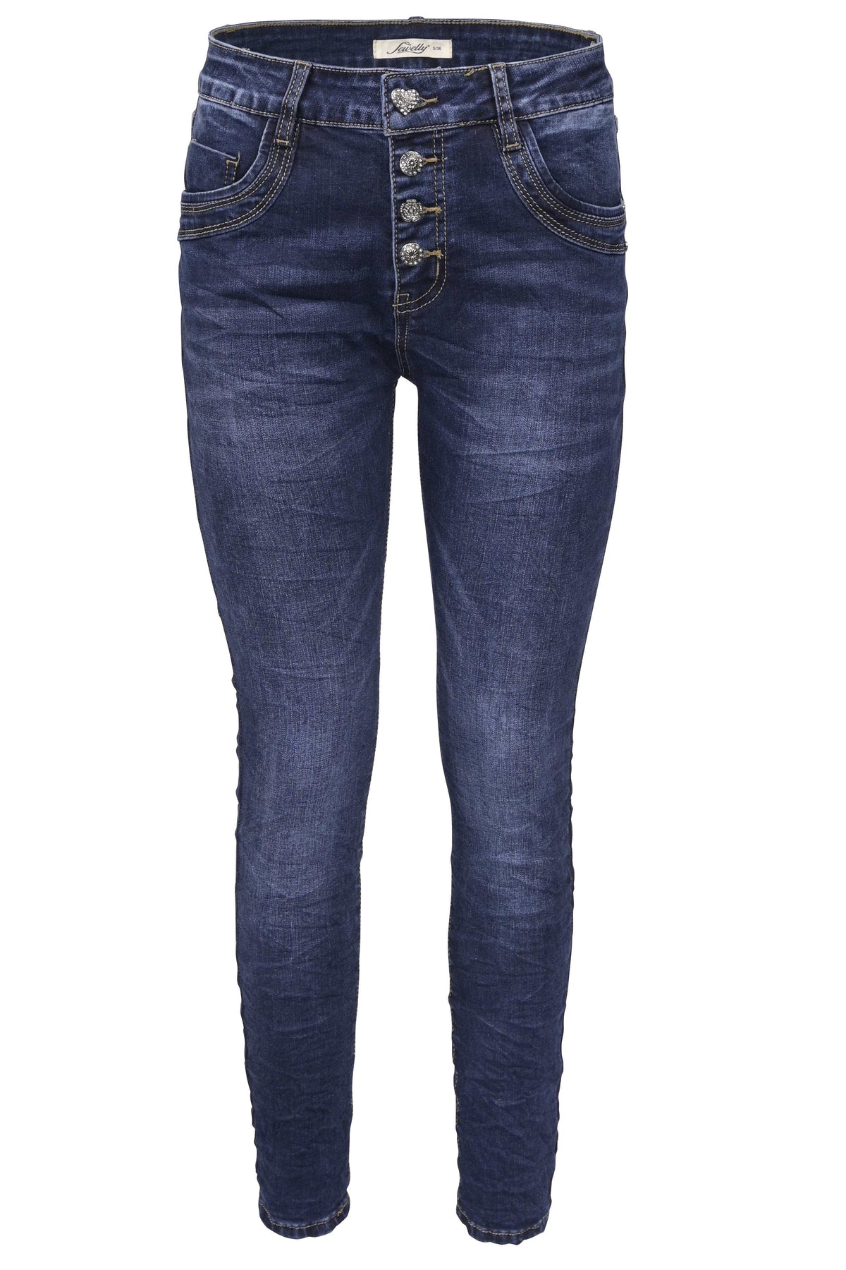 Jewelly Damen Jeans  | Stretch Jeans Five-Pocket im Crash-Look | Boyfriend Hose und sichtbarer Knopfleiste mit Schmuckknöpfen