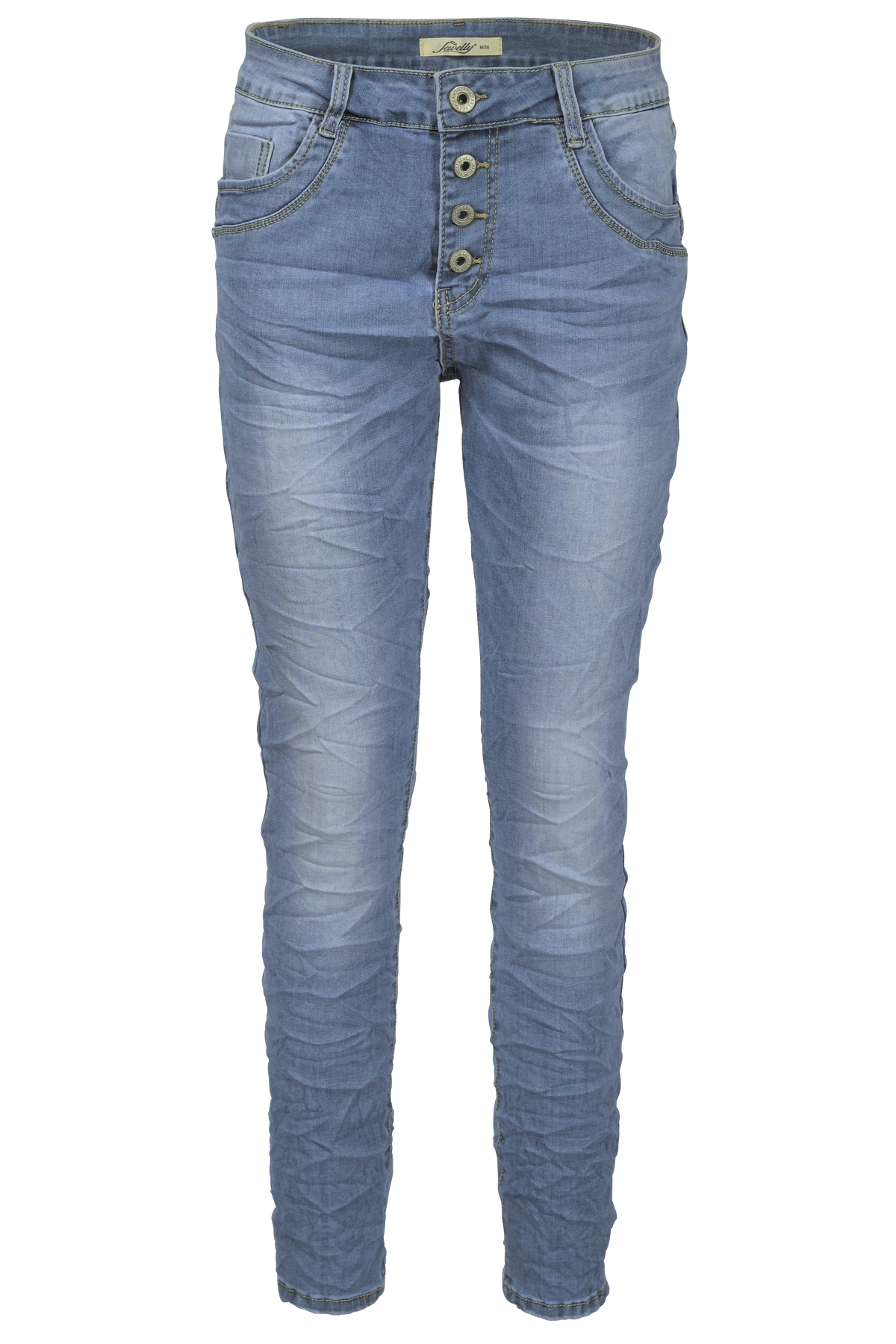 Jewelly Damen Stretch Jeans Five-Pocket im Crash-Look | Boyfriend Hose mit sichtbarer Knopfleiste