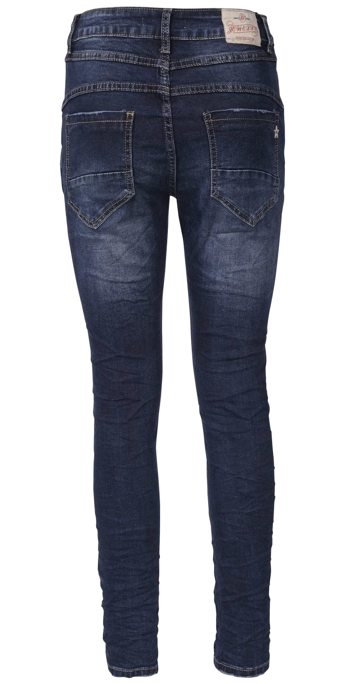 Jewelly Damen Jeans  | Stretch Jeans Five-Pocket im Crash-Look | Boyfriend Hose und sichtbarer Knopfleiste mit Schmuckknöpfen | Pailletten Applikationen an den Seitentaschen
