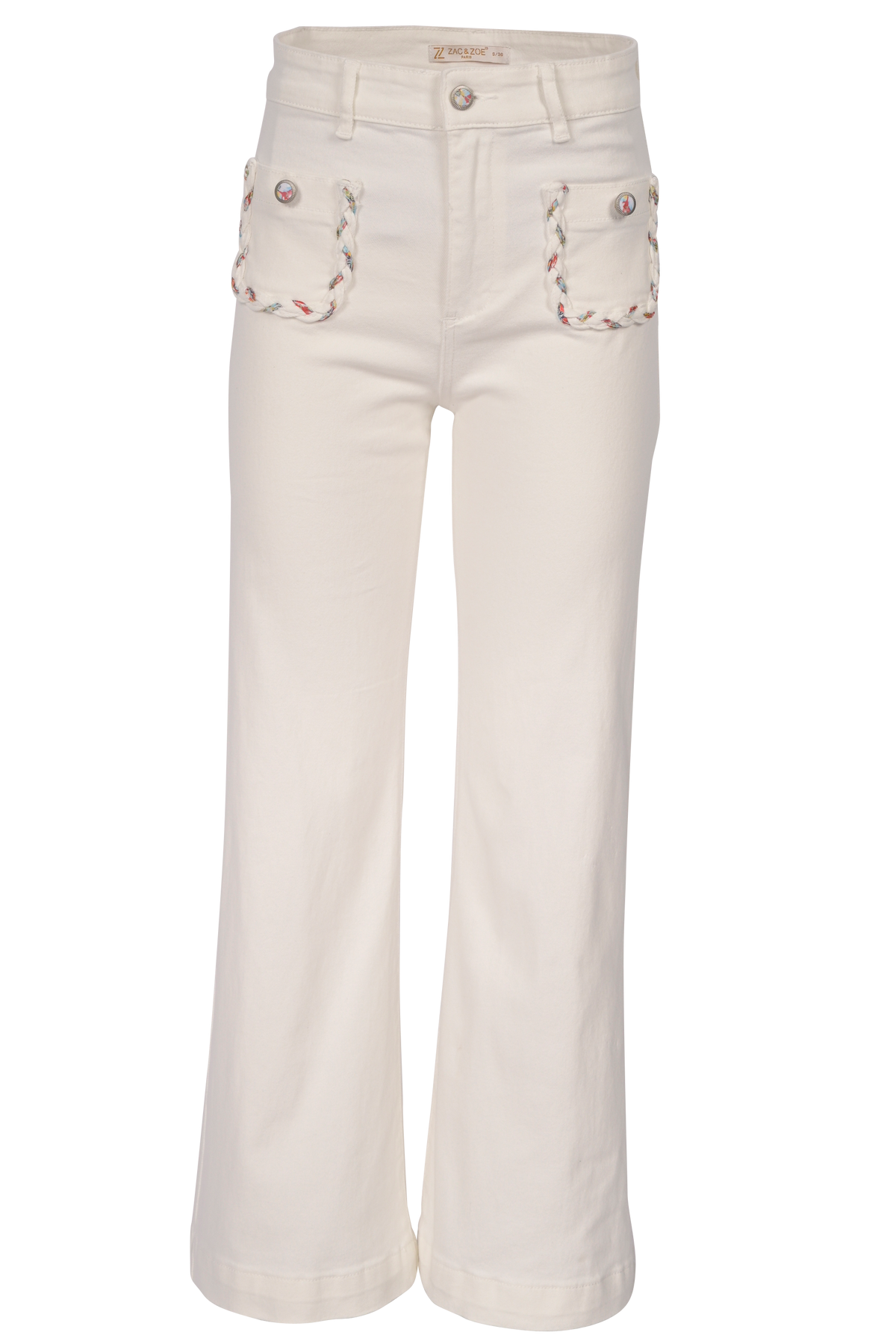 Weiße Bootcut-Jeans mit geflochtenen Taschen – High Waist Fit