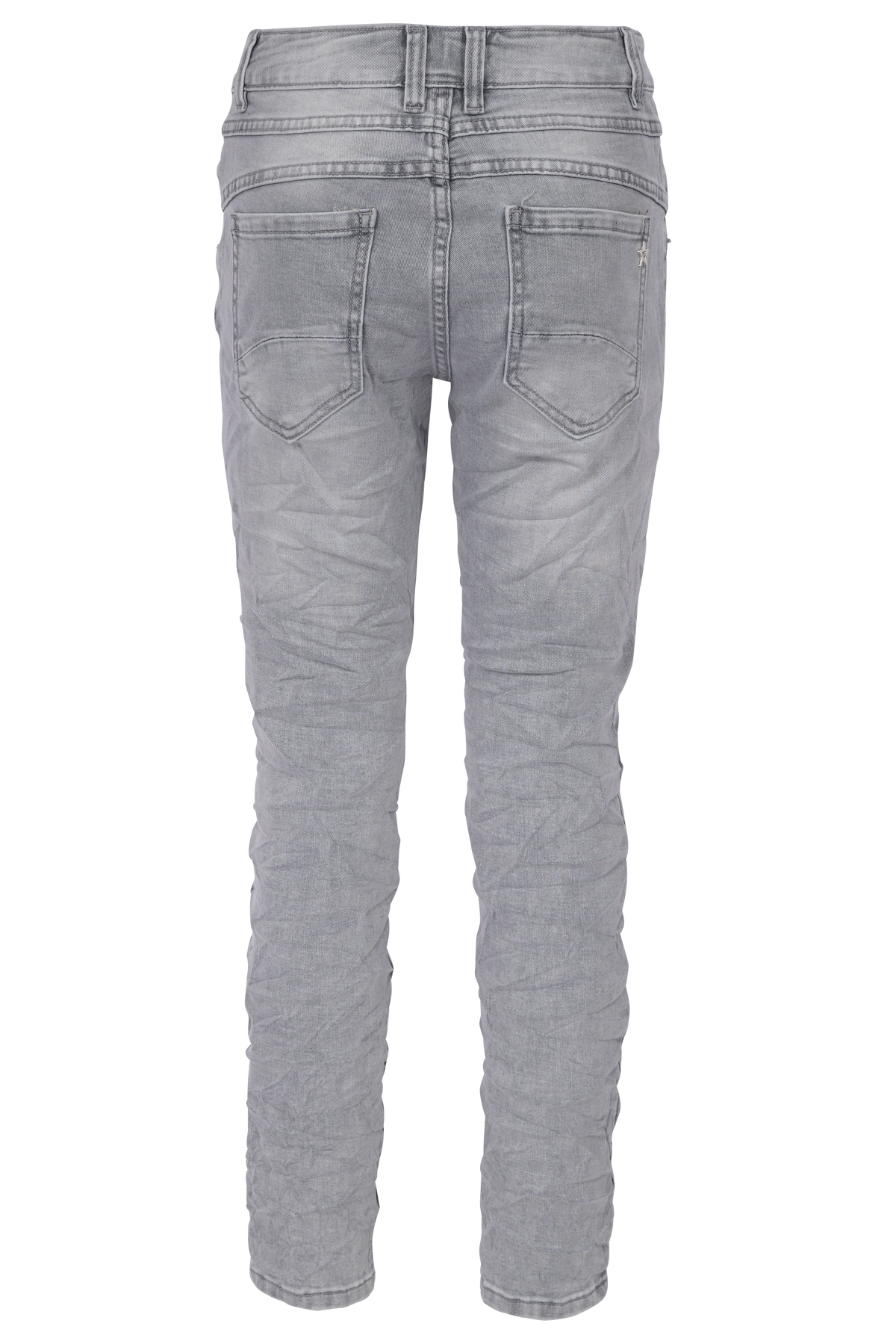 Jewelly Damen Stretch Jeans Five-Pocket im Crash-Look | Boyfriend Hose und sichtbarer Knopfleiste mit Schmuckknöpfen in Grau