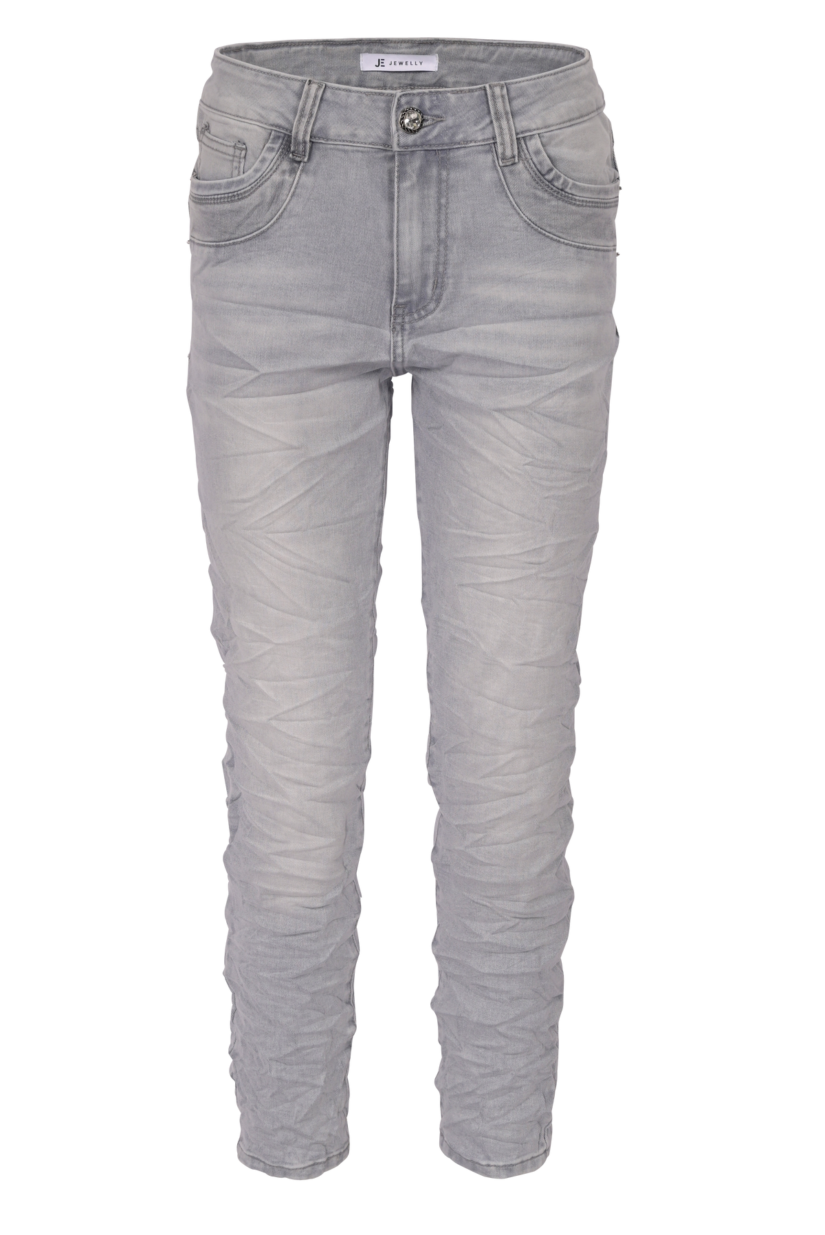 Jewelly Damen Jeans  | Stretch Jeans Five-Pocket im Crash-Look | Boyfriend -Cut - im Crash-Look mit Reißverschluss Grau
